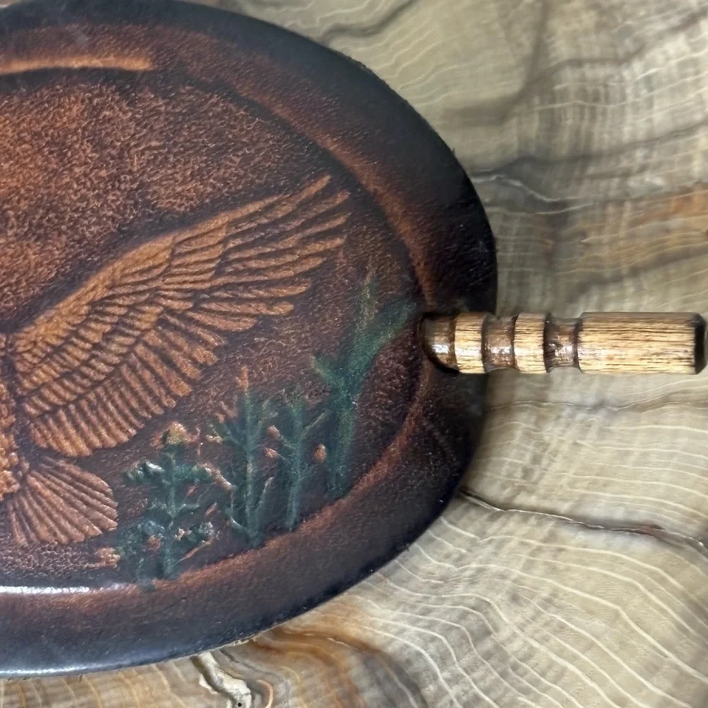 Handcrafted Leather Hair Clip with Embossed Eagle and Engraved Wooden Hair Stick